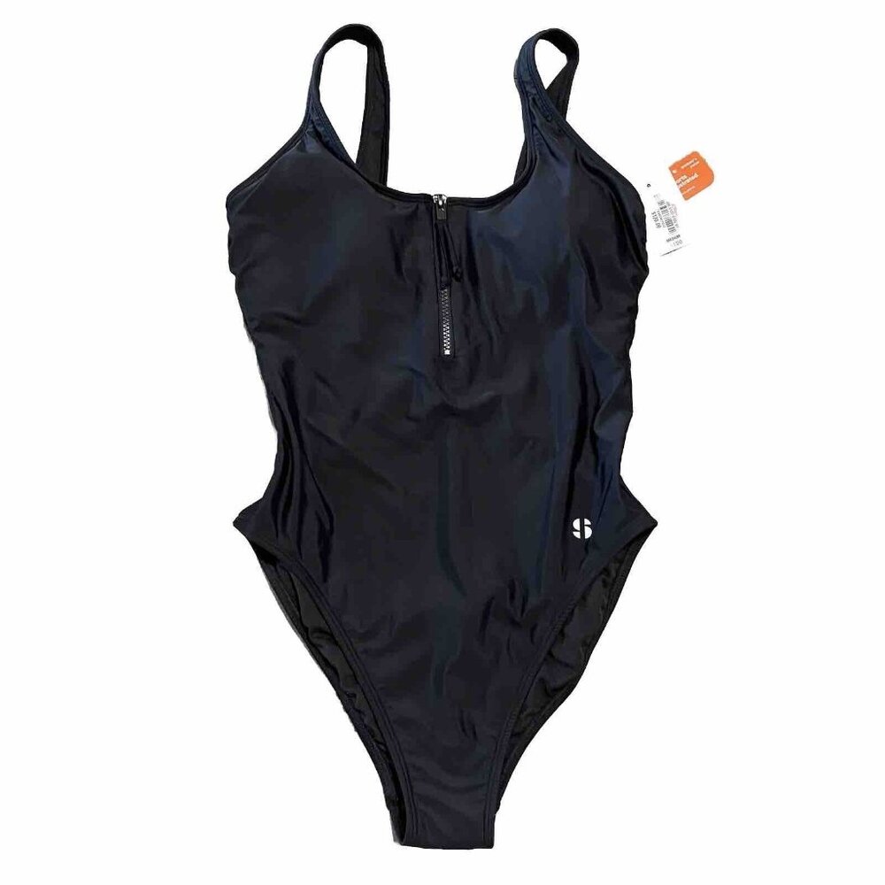 Sports Illustrated Bathing Suit Womens Size Medium Black Front Zipper High Leg